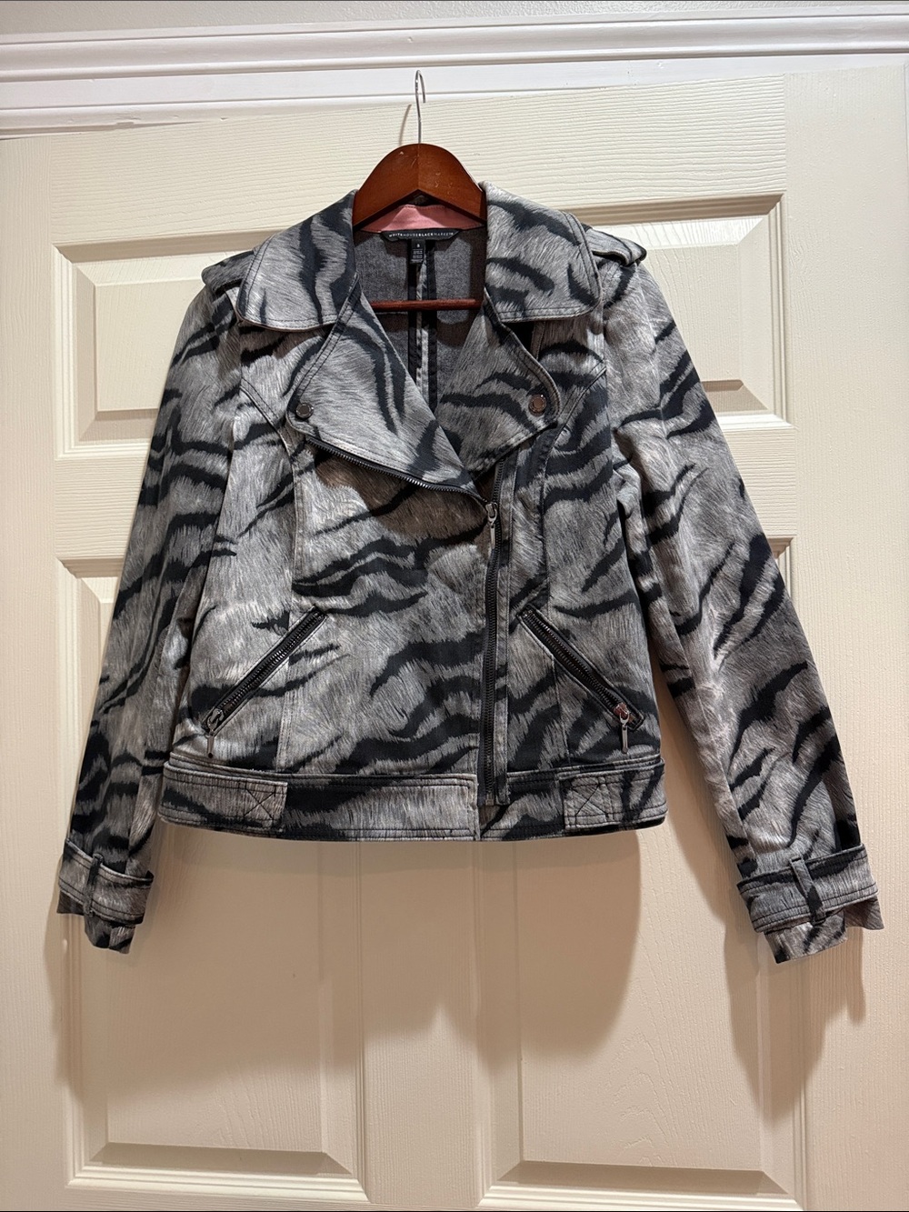 White House Black Market Gray & Black Zebra-Print Moto Jacket